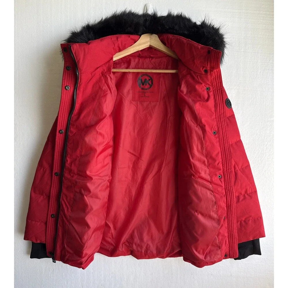 Michael Kors Womens L Red Hooded Puffer Jacket Faux Fur Trim Knit Side Panels